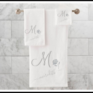 Elegant White Custom Monogram Name Flower  Bath Towel Set