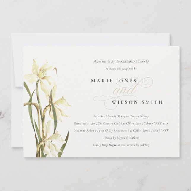 Elegant White Daffodil Rehearsal Dinner Invite (Front)