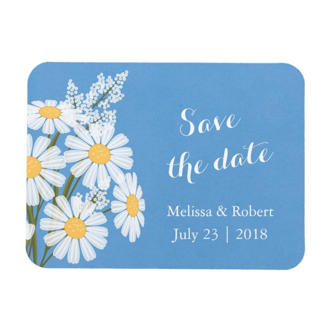 Elegant White Daisies Blue Save the Date Wedding Magnet (Horizontal)