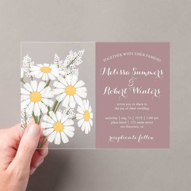Elegant White Daisies Bouquet Wedding Rosy Brown Acrylic Invitations (Insitu (Handheld))