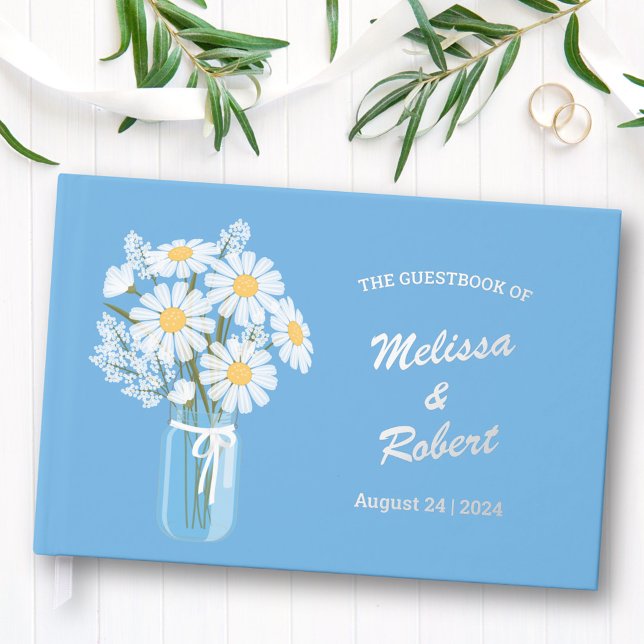 Elegant White Daisies Mason Jar Wedding Foil Blue Guest Book (Creator Uploaded)