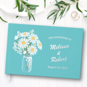 Elegant White Daisies Mason Jar Wedding Foil Teal Guest Book