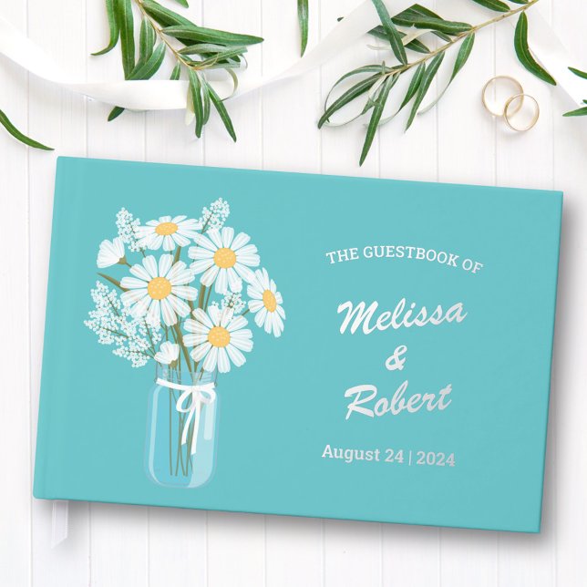 Elegant White Daisies Mason Jar Wedding Foil Teal Guest Book (Creator Uploaded)