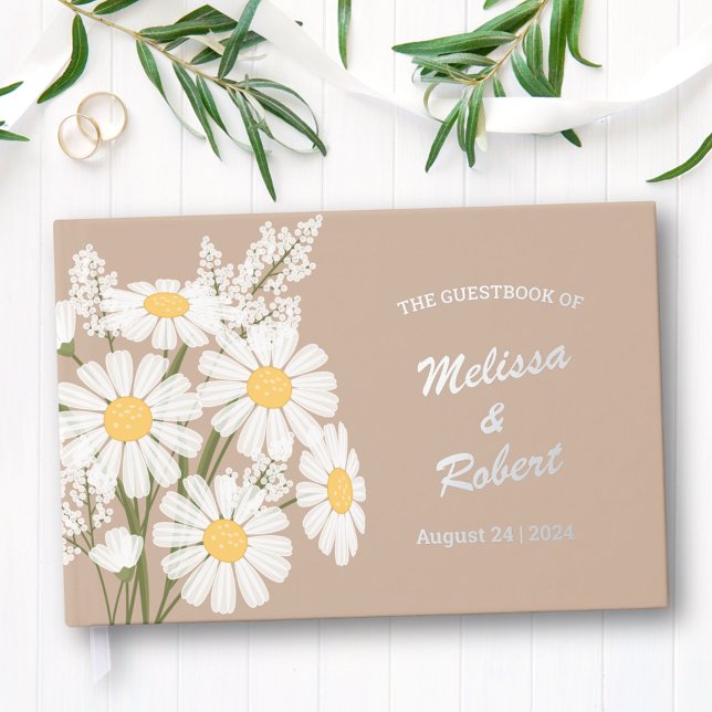 Elegant White Daisies Rustic Wedding Foil Beige Guest Book (Creator Uploaded)