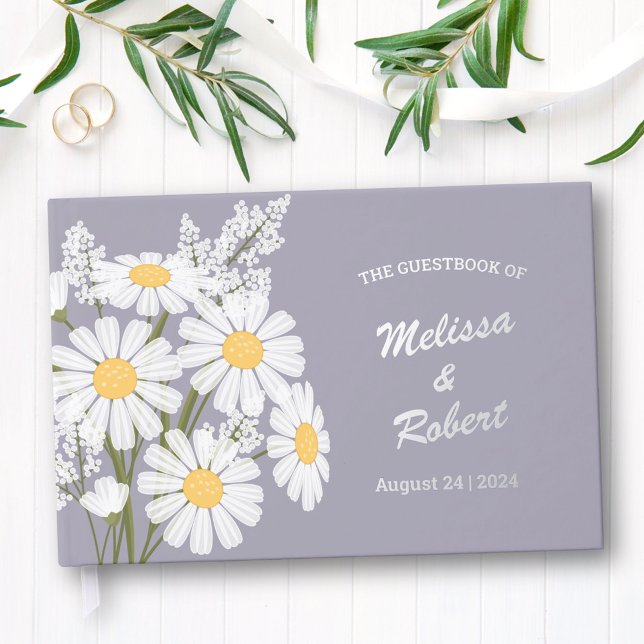 Elegant White Daisies Rustic Wedding Foil Lavender Guest Book (Creator Uploaded)