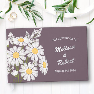 Elegant White Daisies Rustic Wedding Foil Purple Guest Book