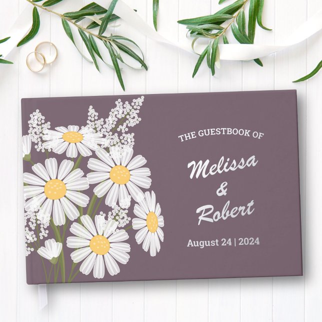 Elegant White Daisies Rustic Wedding Foil Purple Guest Book (Creator Uploaded)