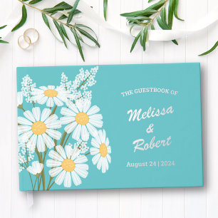 Elegant White Daisies Rustic Wedding Foil Teal Guest Book