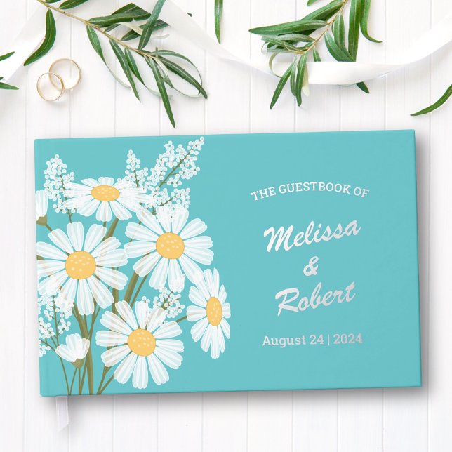 Elegant White Daisies Rustic Wedding Foil Teal Guest Book (Creator Uploaded)