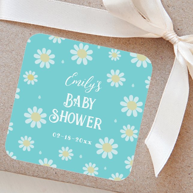 Elegant White Daisies Spring Floral Baby Shower Square Sticker (Creator Uploaded)