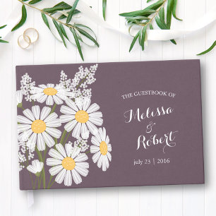 Elegant White Daisies Wedding Dark Purple Guest Book