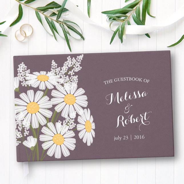 Elegant White Daisies Wedding Dark Purple Guest Book (Creator Uploaded)