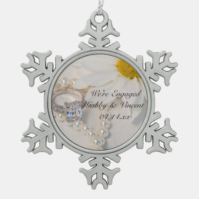 Elegant White Daisy Engagement Snowflake Pewter Christmas Ornament (Front)