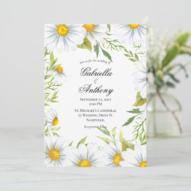 Elegant White Daisy Wedding Invitations (Standing Front)