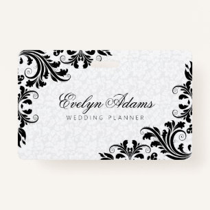 Elegant White Damask & Black Lace ID Badge