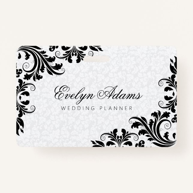 Elegant White Damask & Black Lace ID Badge (Back)