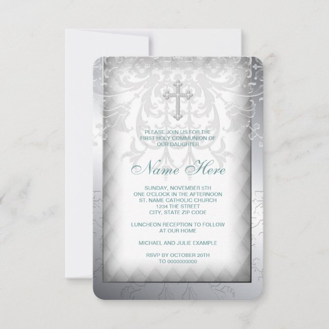 Elegant White Damask Cross First Communion Invitation (Front)