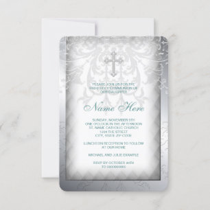 Elegant White Damask Cross First Communion Invitation