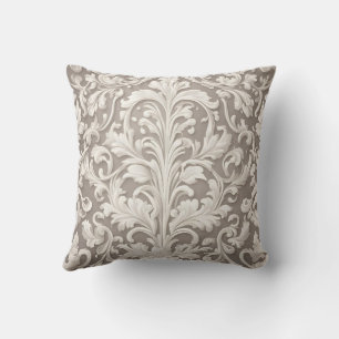 Elegant White Damask Fabric with Swirling Vines Cushion