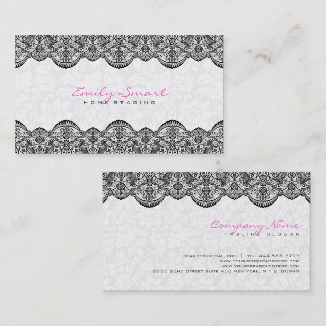 Elegant White Damasks Black Lace Business Card (Front/Back)