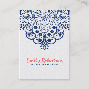Elegant White Damasks Dark Blue Vintage Lace Business Card