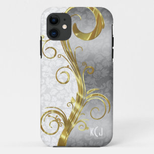 Elegant White Damasks Gold & Silver Swirls iPhone 11 Case