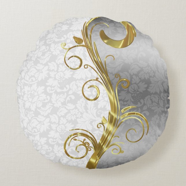 Elegant White Damasks Gold & Silver Swirls Round Cushion (Front)