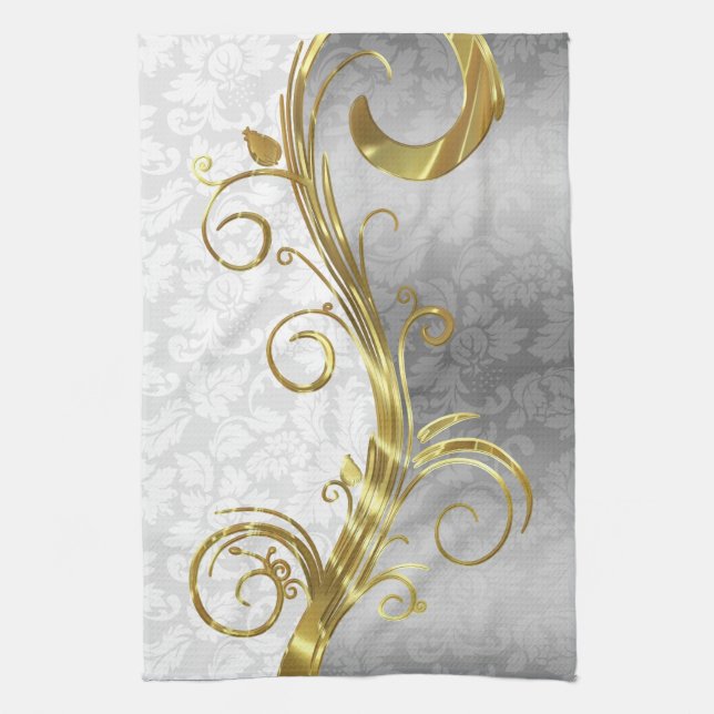 Elegant White Damasks Gold & Silver Swirls Tea Towel (Vertical)