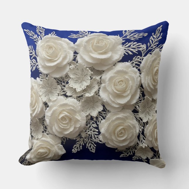 Elegant White Decorative Roses Cushion (Front)