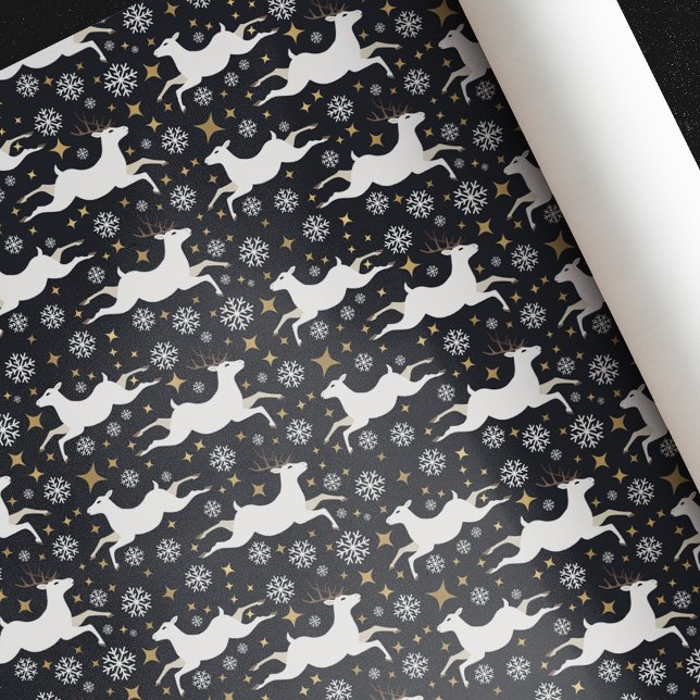 Elegant White Deer and Gold Star Navy Christmas Wrapping Paper (Creator Uploaded)