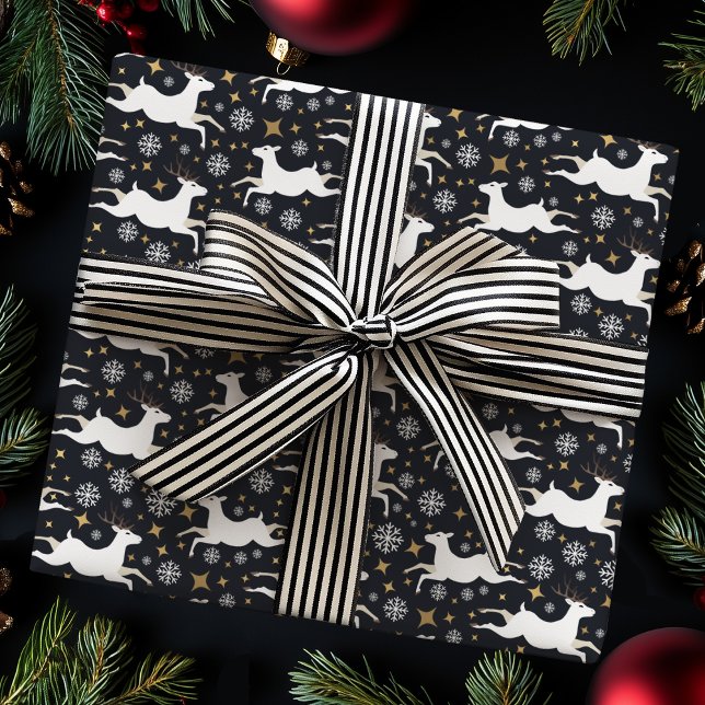 Elegant White Deer and Gold Star Navy Christmas Wrapping Paper (Creator Uploaded)