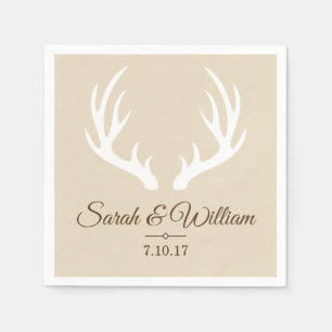 Elegant White Deer Antlers & Taupe Personalised Napkin