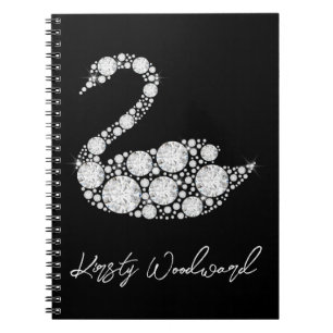 Elegant White Diamond Swan on Black Background Notebook