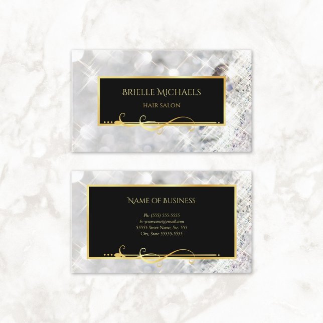 Elegant White Diamonds Gold Filigree Hair Salon Business Card (Elegant White Diamonds Gold Filigree Hair Salon Business Cards)