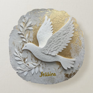 Elegant White Dove with Gold Customisable Name Round Cushion