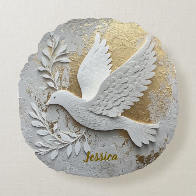 Elegant White Dove with Gold Customisable Name  Round Cushion (Front)