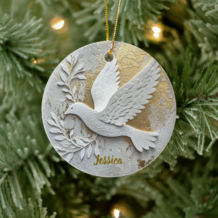 Elegant White Dove with Gold Customizable Name  Ceramic Tree Decoration