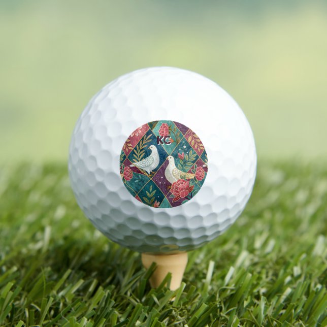 Elegant White Doves Pink Floral & Gold Geometric Golf Balls (Insitu Tee)