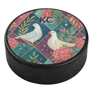 Elegant White Doves Pink Floral & Gold Geometric Hockey Puck