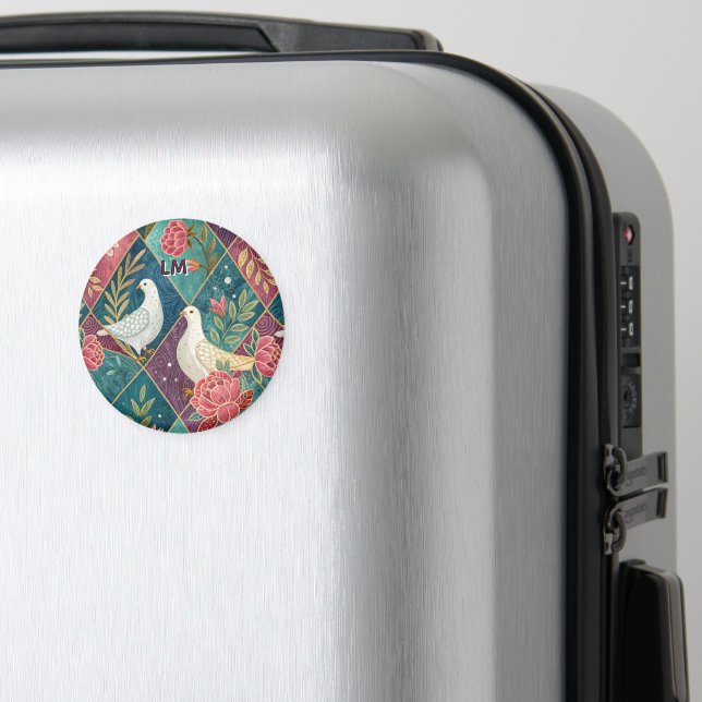 Elegant White Doves Pink Floral & Gold Geometric Magnet (In Situ (Luggage))