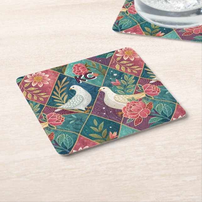 Elegant White Doves Pink Floral & Gold Geometric Square Paper Coaster (Angled)