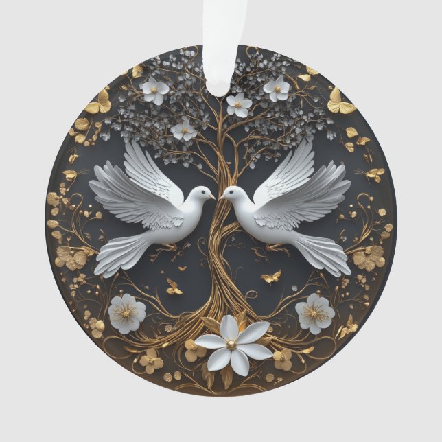 Elegant White Doves Tree of Life Ornament (Front)