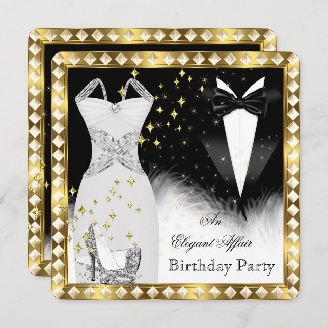 Elegant White Dress Black Tie Gold Birthday Party Invitation (Front/Back)