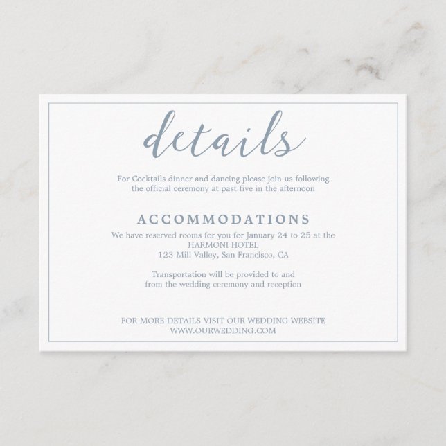 Elegant White & Dusty Blue Border Script Wedding Enclosure Card (Front)