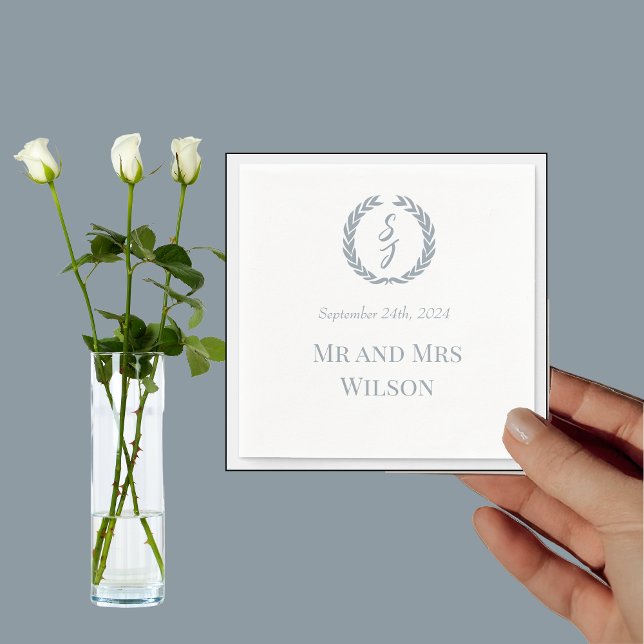 Elegant White Dusty Blue Monogram Wedding Dinner  Napkin (Creator Uploaded)