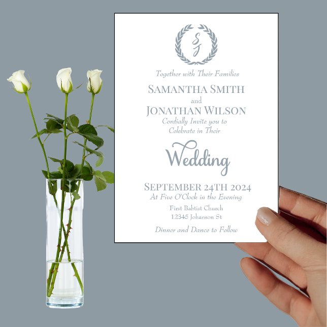 Elegant White Dusty Blue Monogram Wedding  Invitation (Creator Uploaded)