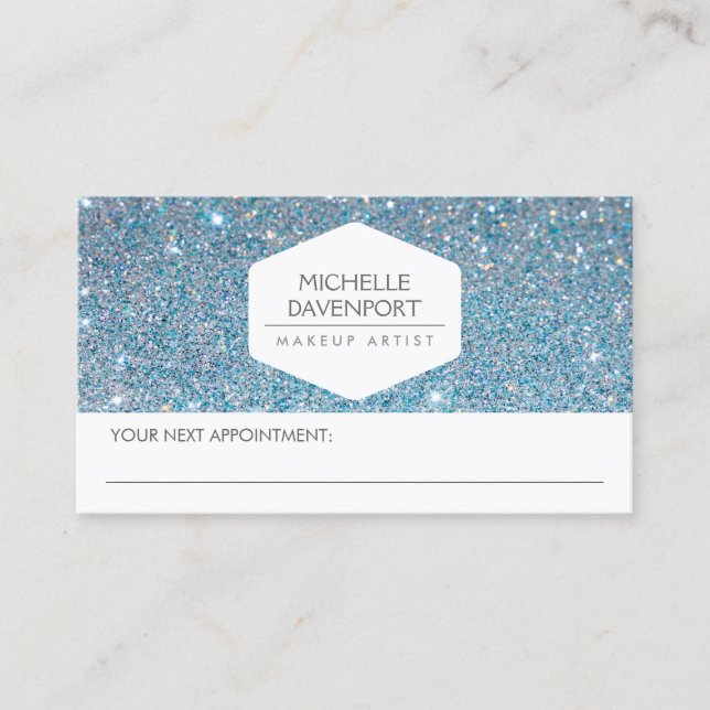 ELEGANT WHITE EMBLEM BLUE GLITTER APPOINTMENT CARD (Front)