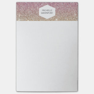 ELEGANT WHITE EMBLEM ON PINK OMBRE GLITTER POST-IT NOTES