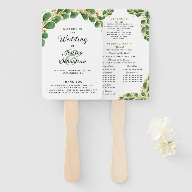 Elegant White Emerald Eucalyptus Wedding Program Hand Fan (Front and Back)