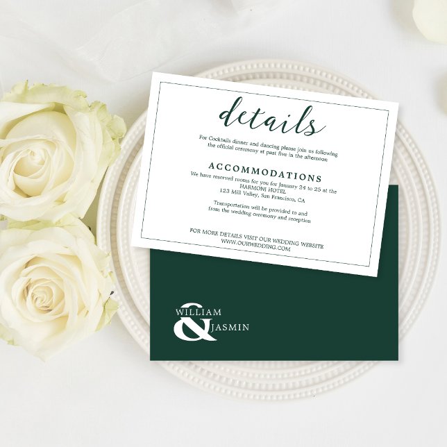 Elegant White Emerald Green Border Script Wedding Enclosure Card (Creator Uploaded)